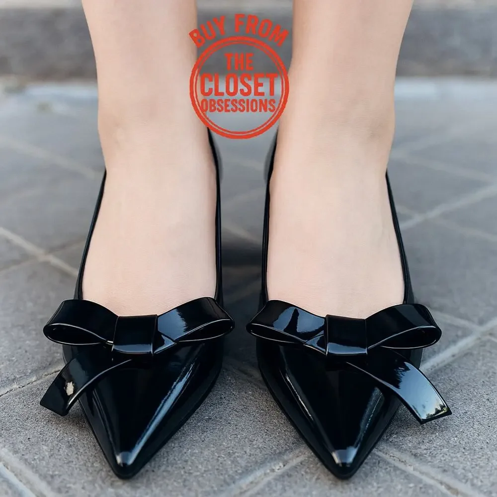 ZARA Black Patent Bow Pumps Pointed Toe Block Heel Office Shoes NWT 6.5